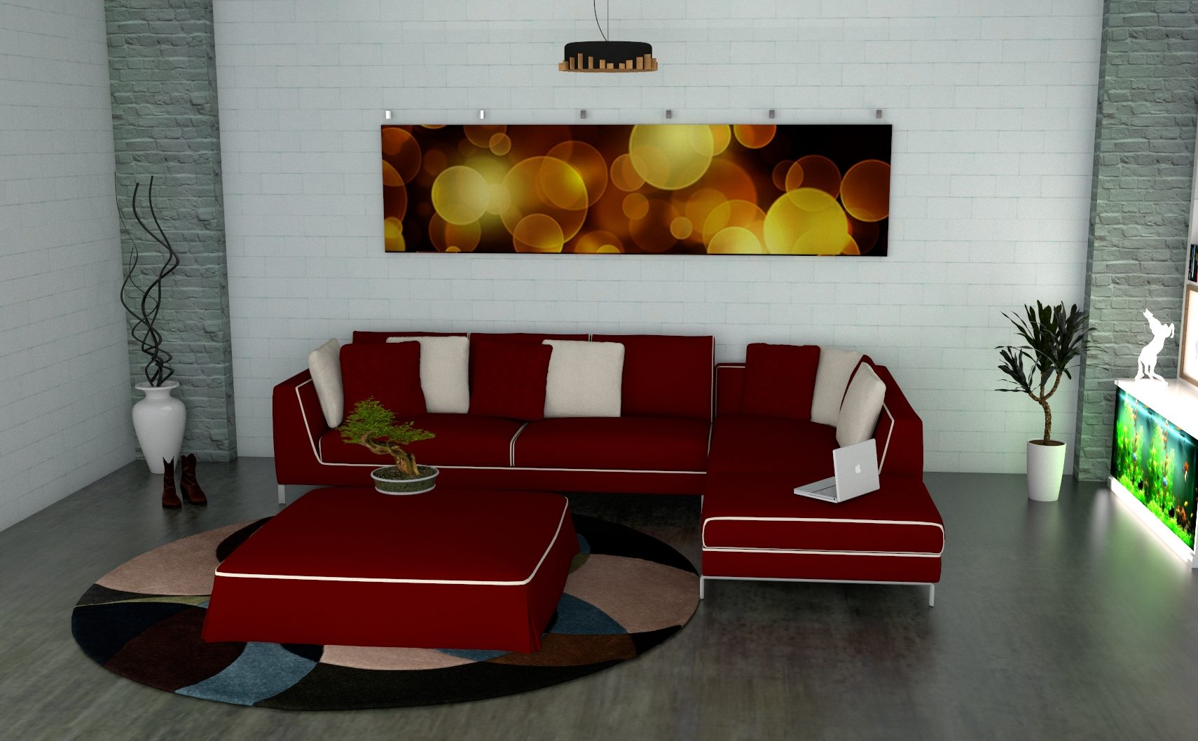 living area red sofa renderd